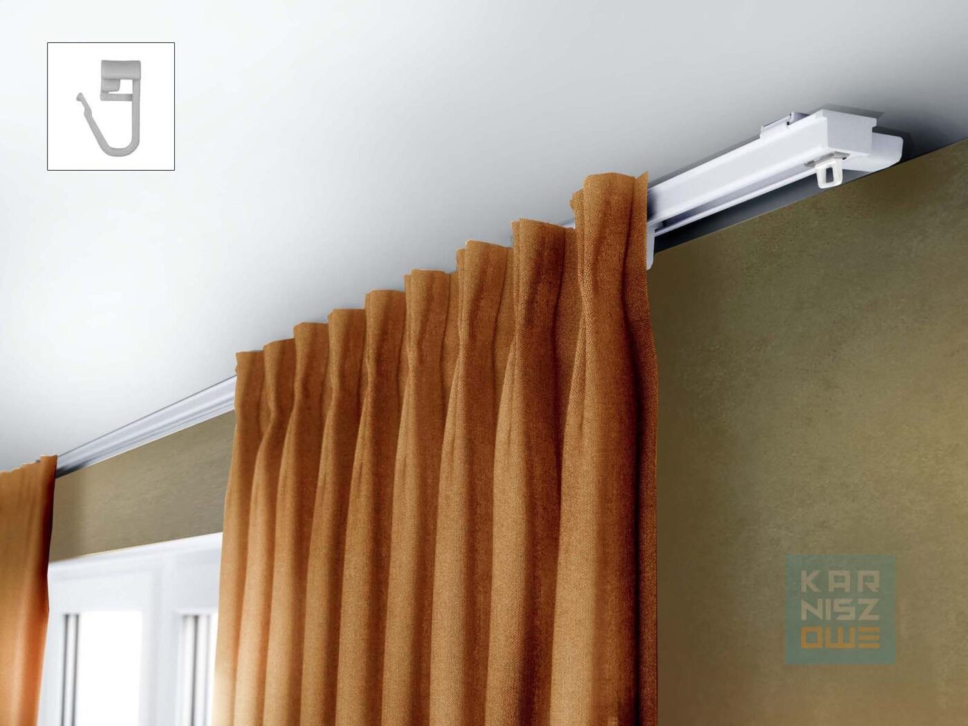 Karnisz sufitowy aluminiowy pojedynczy biały ZS-100 z agrafkami