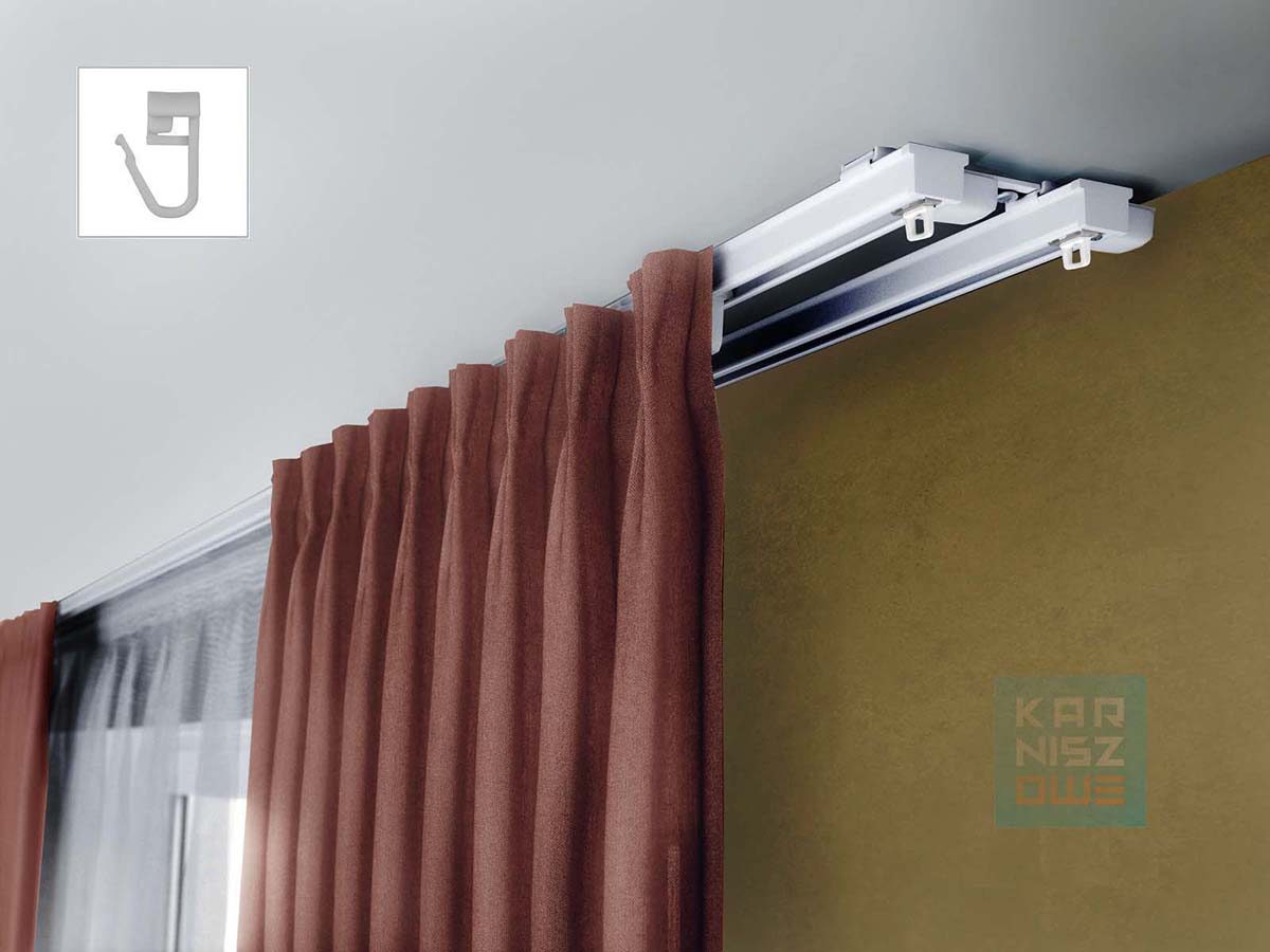 Karnisz sufitowy podwójny aluminiowy ZS2-biały z agrafkami – montaż zasłon przy suficie