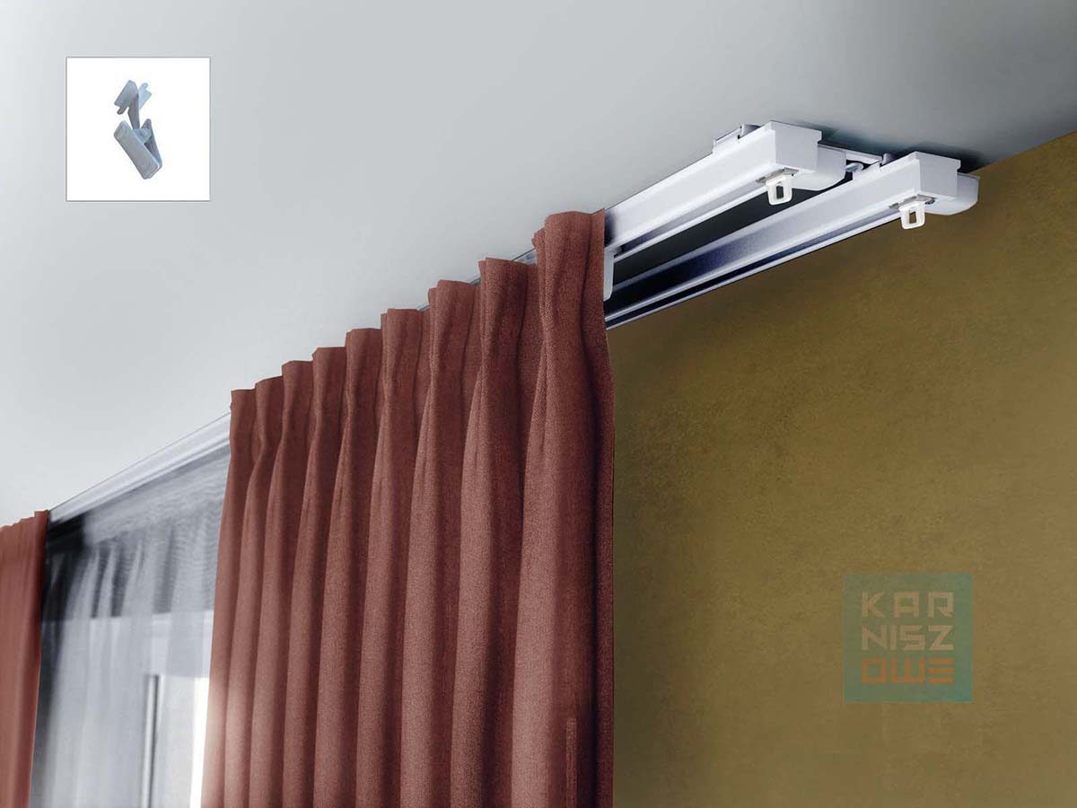Karnisz sufitowy aluminiowy biały ZS2 z żabkami – podwójna szyna do firan i zasłon