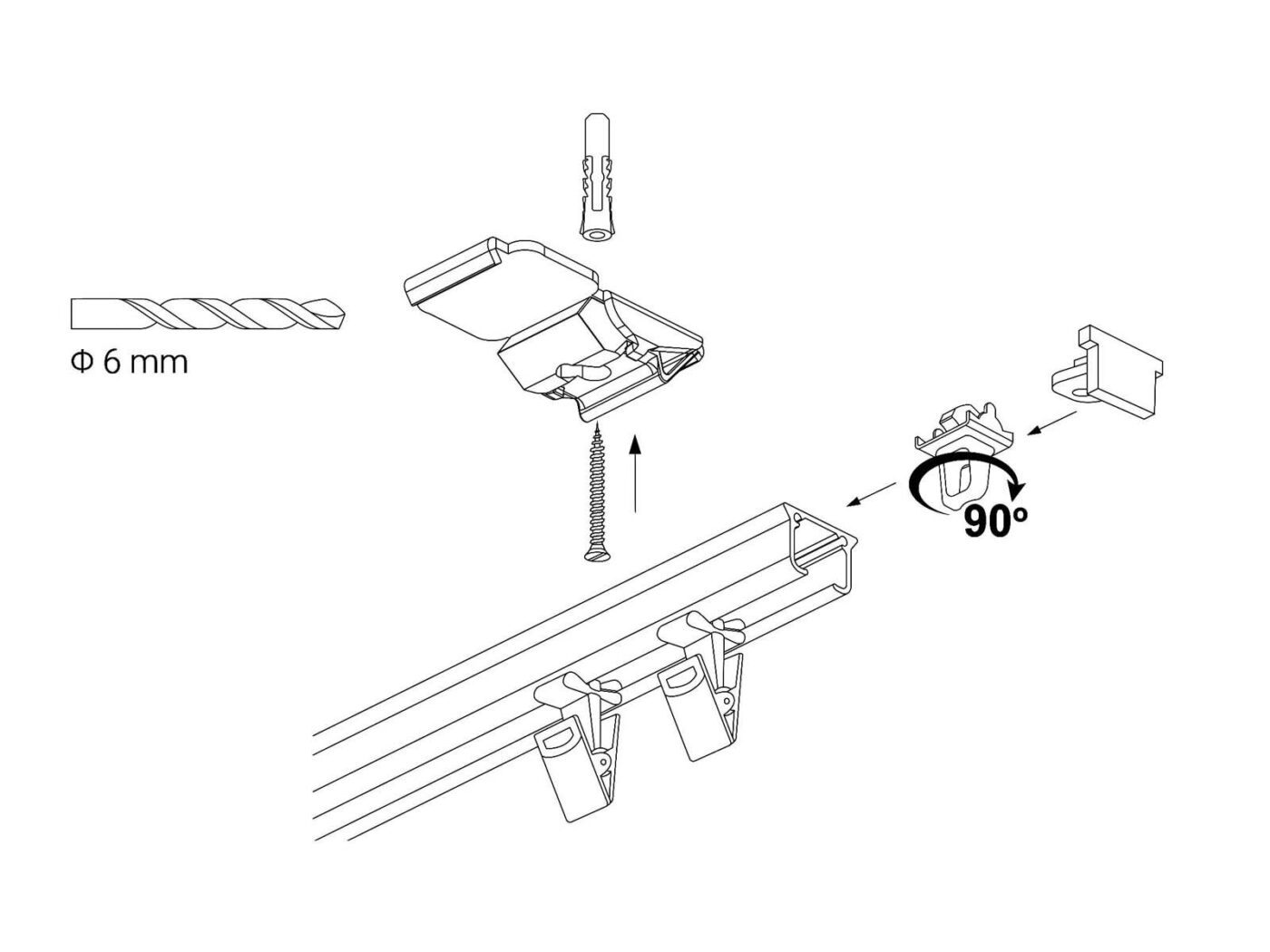 Schemat montażu szyny sufitowej pojedynczej ZS z żabkami
