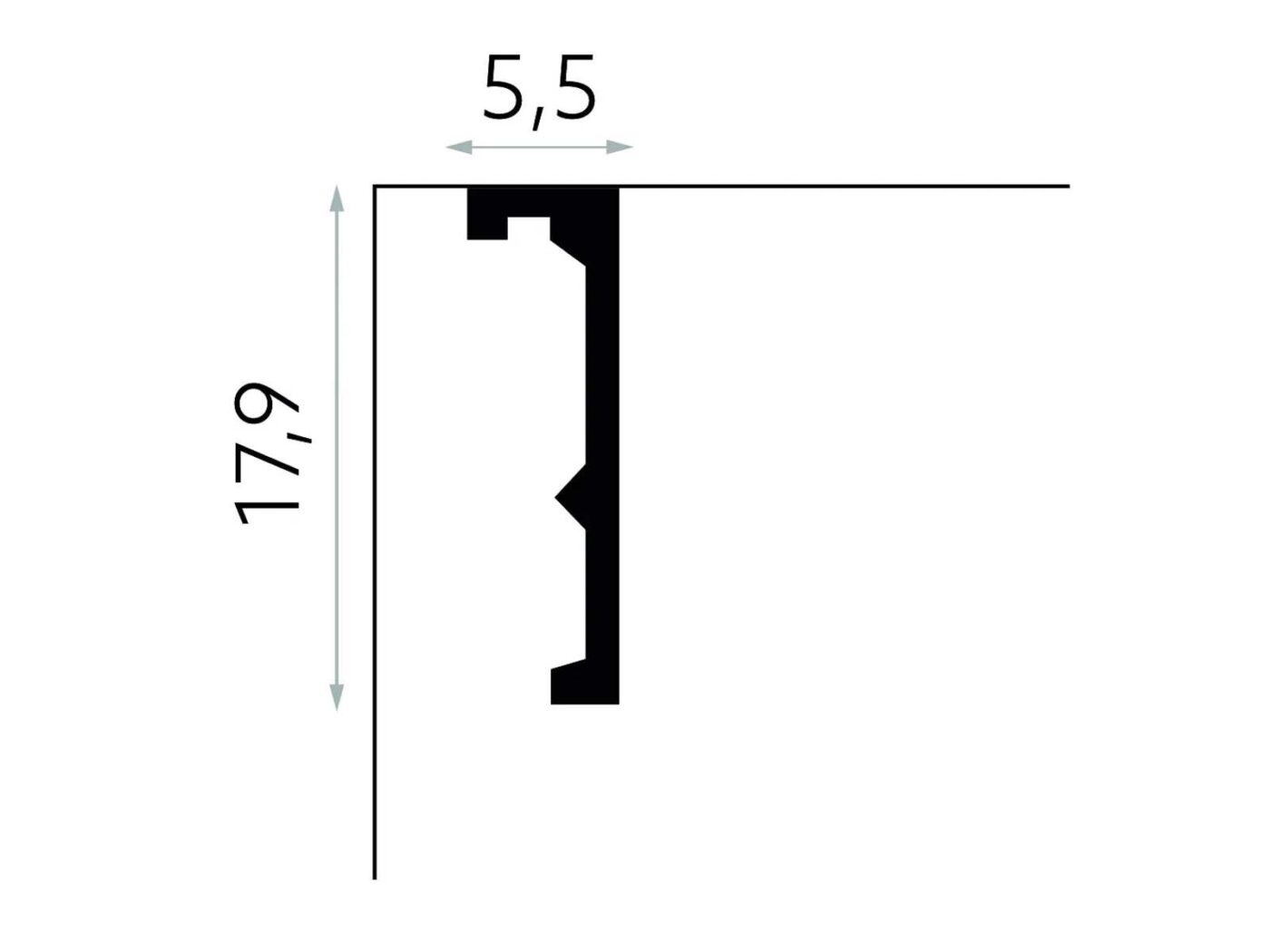 Rysunek wymiarowy maskownicy karnisza Mardom Decor QL056 o wysokości 17,9 cm