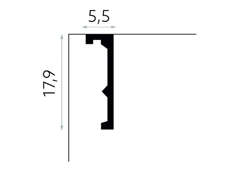 Rysunek wymiarowy maskownicy karnisza Mardom Decor QL056 o wysokości 17,9 cm