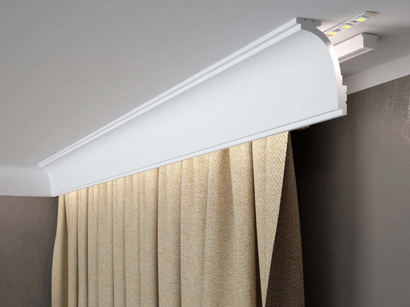 Osłona karnisza Mardom Decor MD111 LightGuard LED z zasłoną zamontowana przy suficie