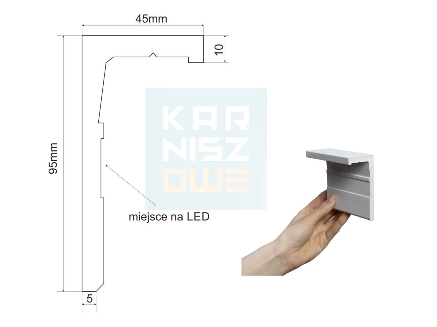 Rysunek techniczny osłony karnisza Orac Decor CX215-2600 LEDGE z wymiarami profilu i przekrojem listwy LED