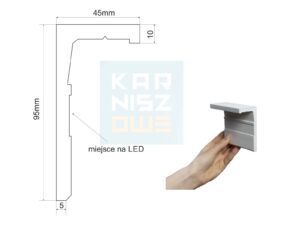 Rysunek techniczny osłony karnisza Orac Decor CX215-2600 LEDGE z wymiarami profilu i przekrojem listwy LED