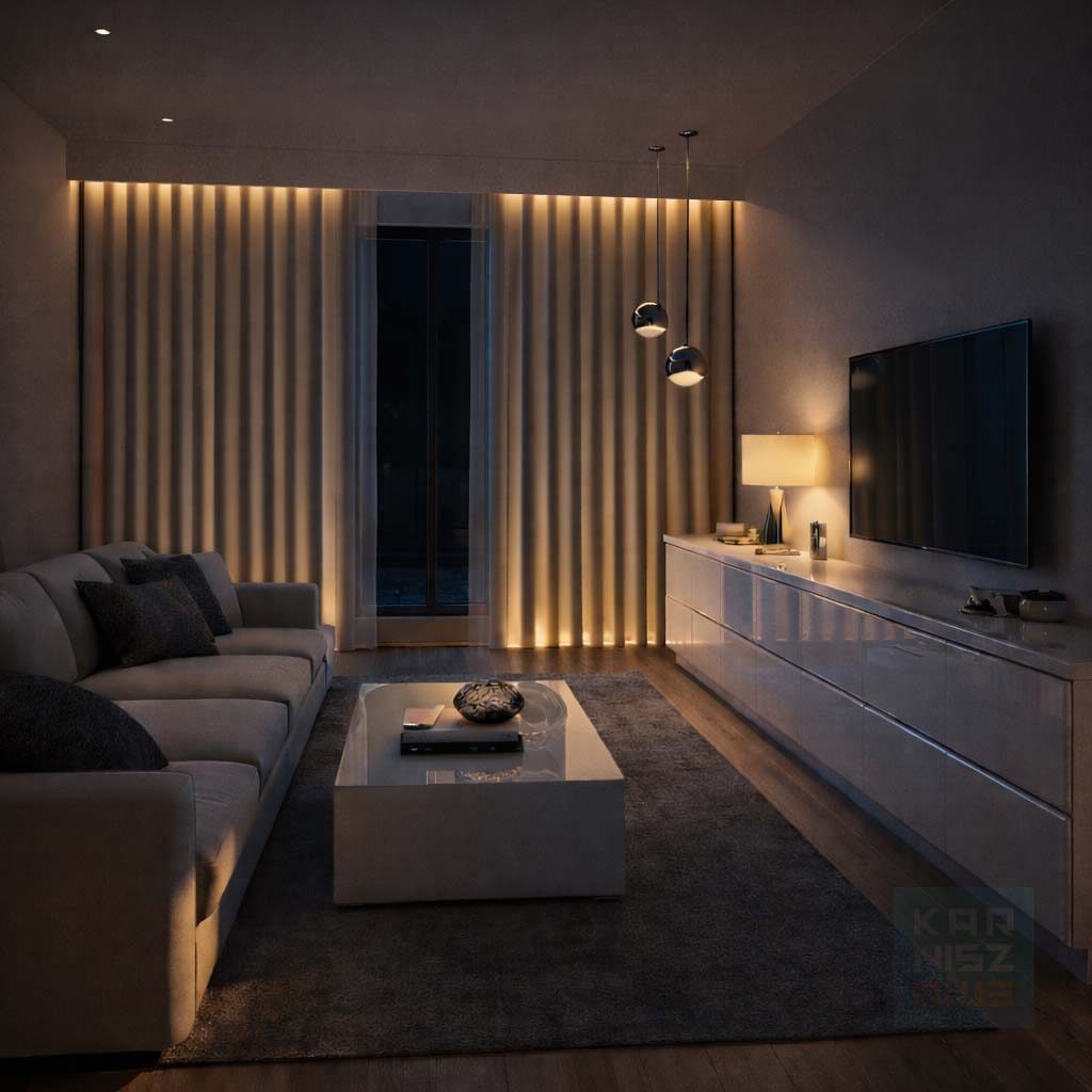 karnisz wave w salonie z podświetlonymi zasłonami światłem LED