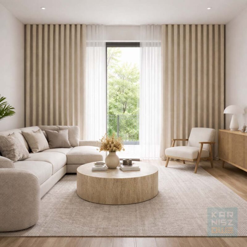 karnisz sufitowy wave z zasłonami w nowoczesnym salonie