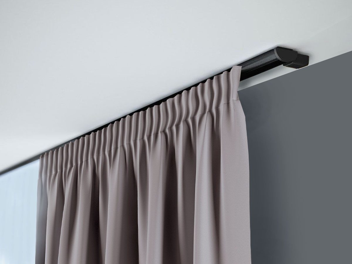 Karnisz sufitowy ZD czarny z zasłoną – pojedyncza aluminiowa szyna sufitowa
