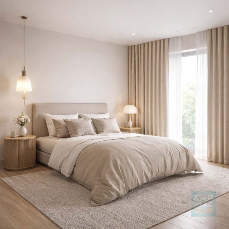 sypialnia z zasłonami w systemie wave na karniszu sufitowym