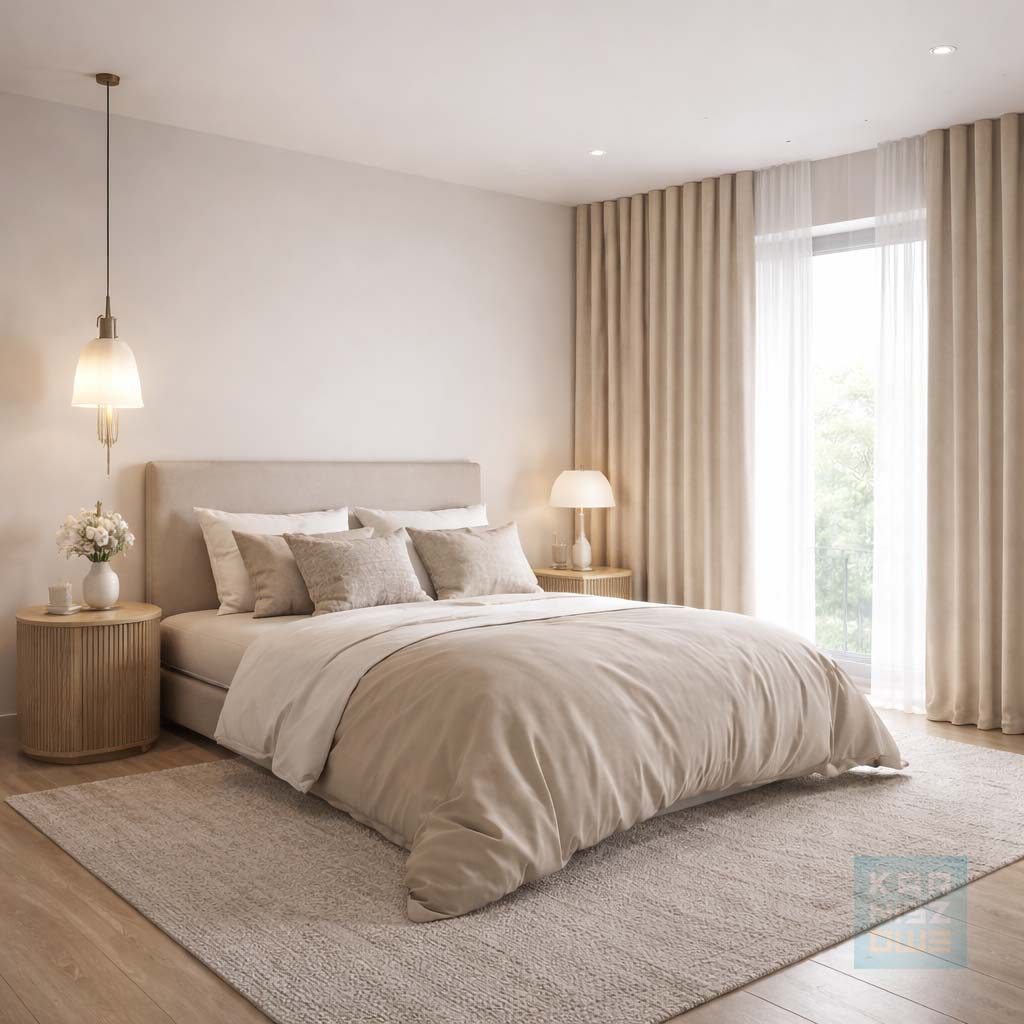 sypialnia z zasłonami w systemie wave na karniszu sufitowym