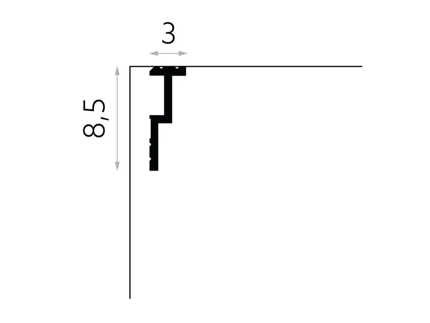 Rysunek techniczny maskownicy karnisza Mardom Decor QL024 z wymiarami