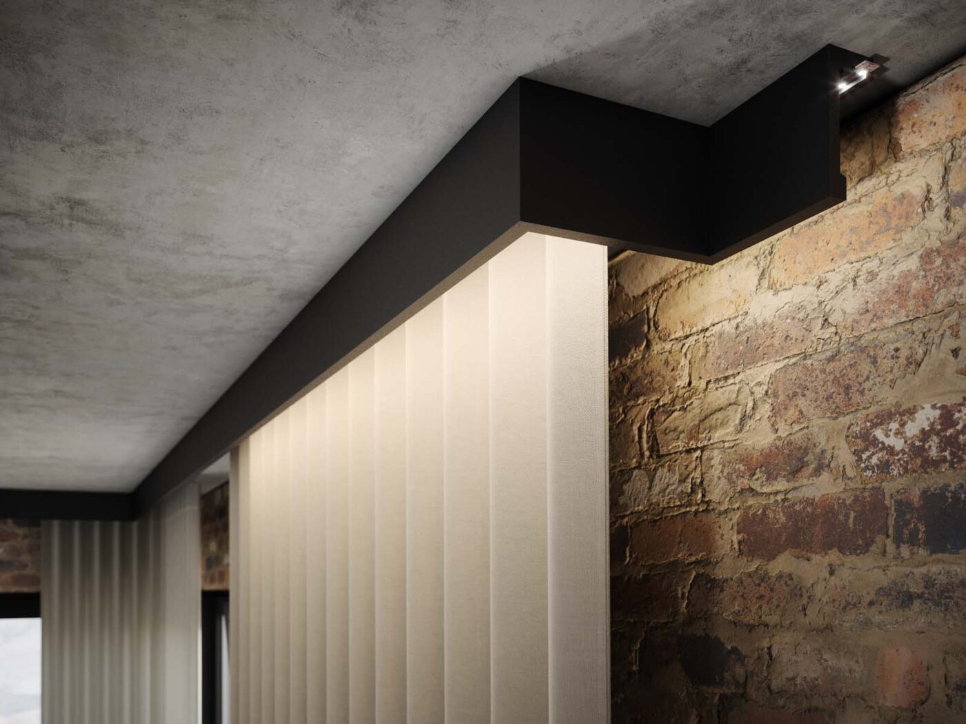 Czarna maskownica karnisza Creativa LK-01 LightBlocker zamontowana na suficie z miejscem na oświetlenie LED