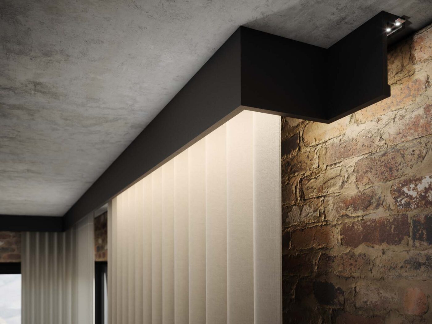 Czarna maskownica karnisza Creativa LK-03 LightBlocker zamontowana na suficie, podświetlająca ceglastą