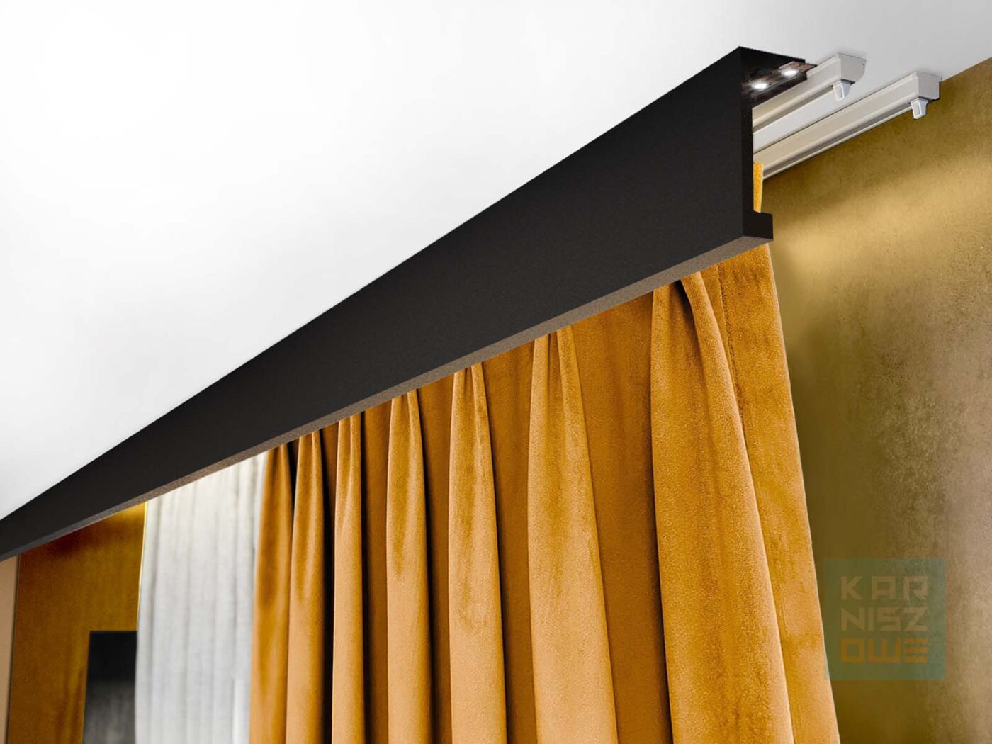 Czarna maskownica karnisza Creativa LK-01 LightBlocker z miejscem na oświetlenie LED zamontowana nad zasłonami