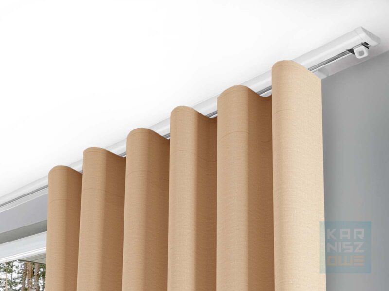 biały karnisz sufitowy wave zd z zasłoną – system równomiernego układania fałd