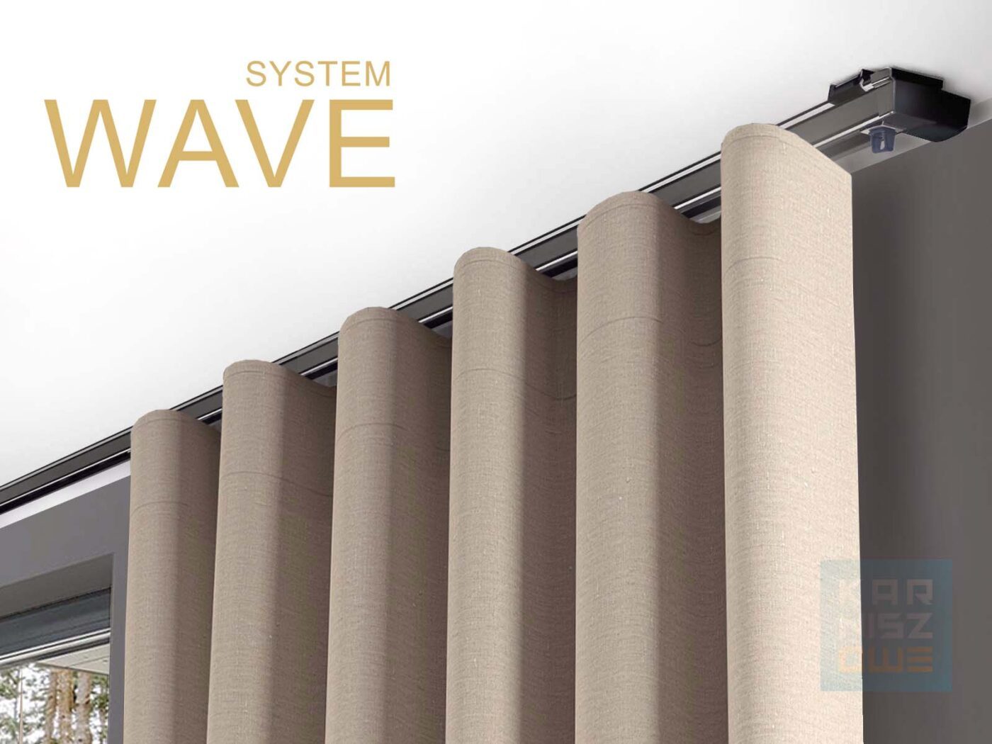 karnisz sufitowy ZS czarny z zasłoną wave lniana zasłona