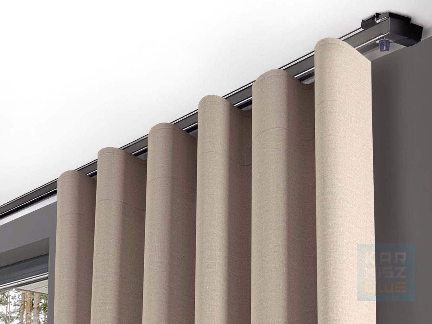 czarny karnisz sufitowy ZS z zasłoną wave lniana zasłona