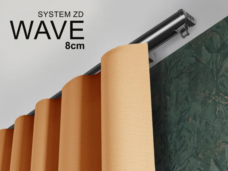 Czarny karnisz sufitowy ZD Wave 8 cm z zasłoną