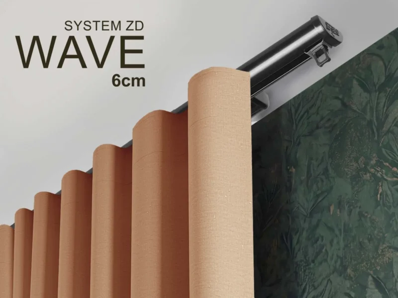 Czarna szyna sufitowa ZD Wave 6 cm z dekoracyjną zasłoną