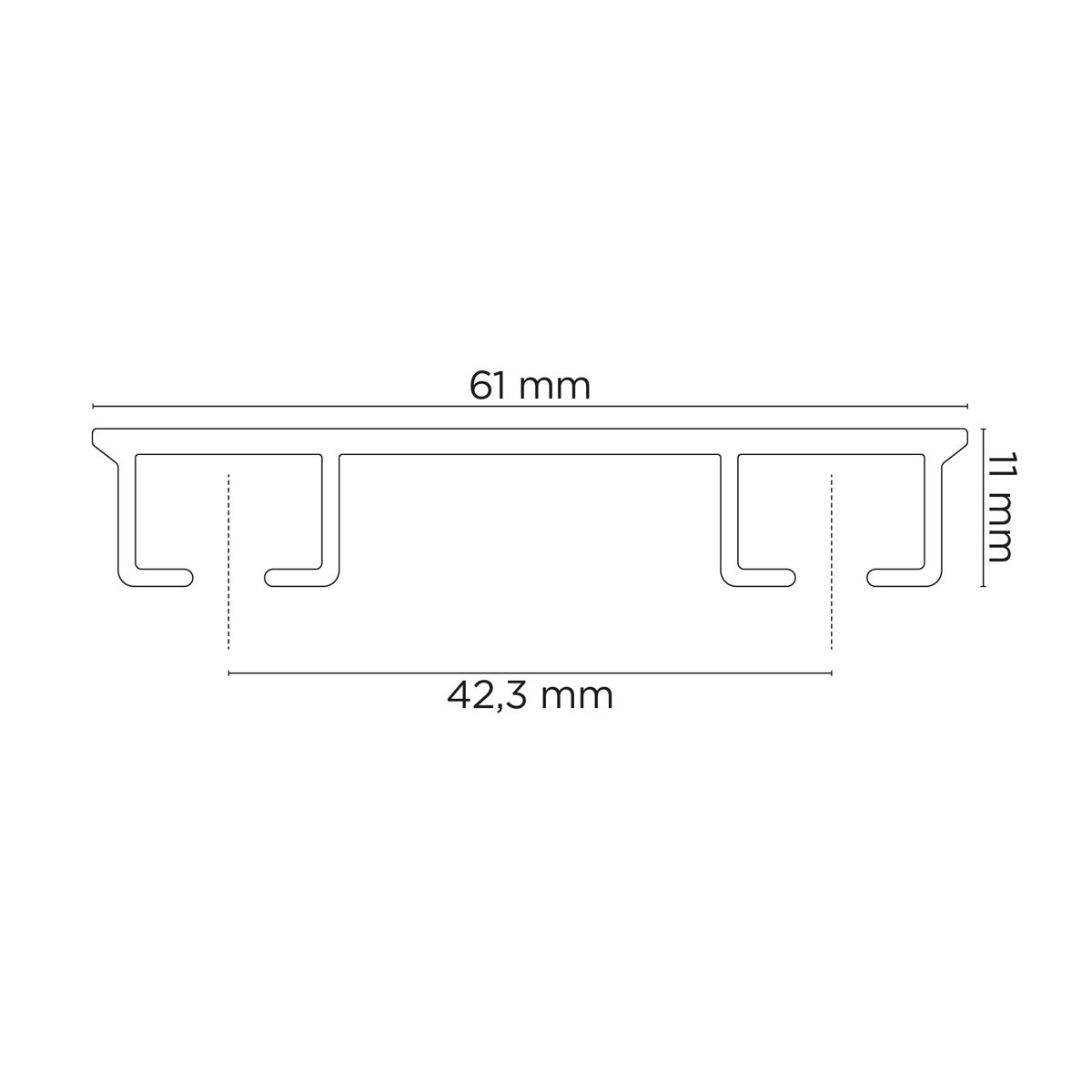 Wymiary karnisza sufitowego dwutorowego CH-2 Creativa – 61 × 11 mm